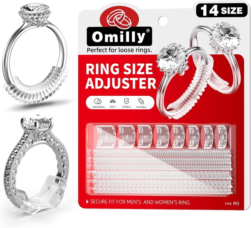 Omilly 14 Sizes Ring Sizer Adjuster for Loose Rings, Silicone Ring Guards Invisible Ring Spacers Fitter, Transparent Ring Resizer Tightener for Women and Men - Image 1